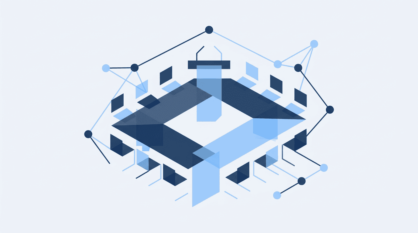 Abstrakte Illustration einer Versammlung mit geometrischen Formen und verbundenen Knoten