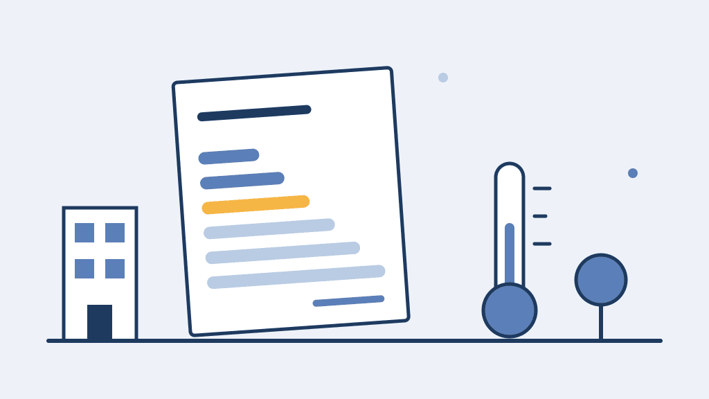Abstrakte Illustration eines Wohngebäudes neben einem Dokument mit einer Stufenskala aus Balken und einem Thermometer