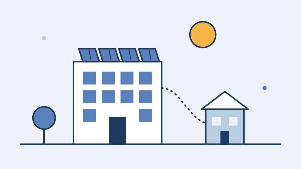 Abstrakte Illustration eines Wohngebäudes mit Solarmodulen auf dem Dach, einer Sonne und einem kleineren Nachbarhaus