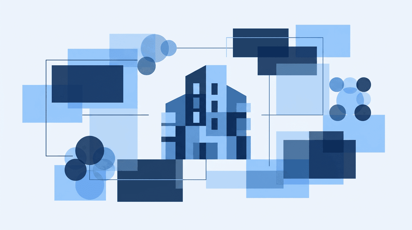 Abstrakte Illustration eines Wohngebäudes mit geometrischen Verwaltungselementen