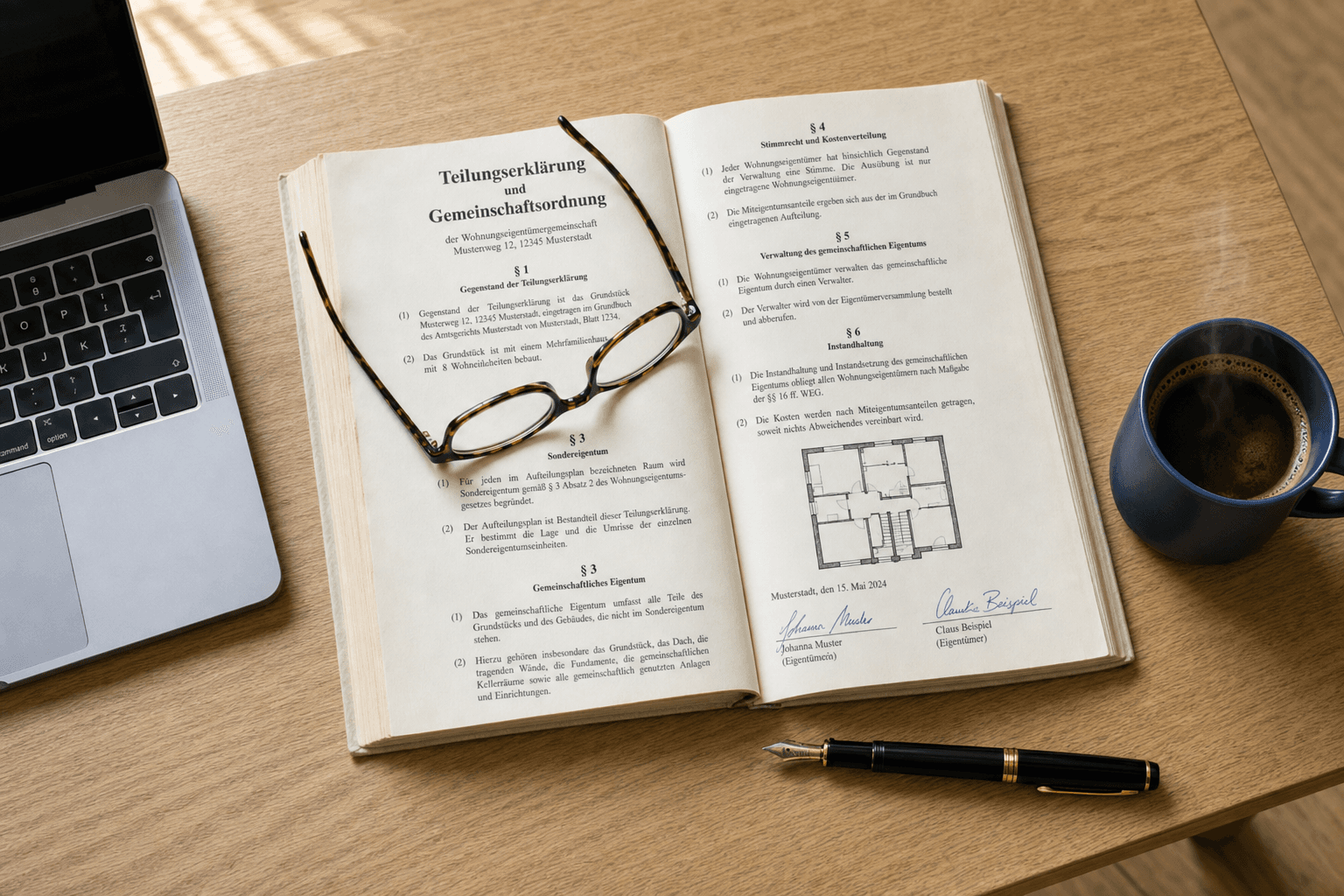 Aufgeschlagene Teilungserklärung mit Lesebrille und Laptop, typische Lektüre bei der WEG-Selbstverwaltung.
