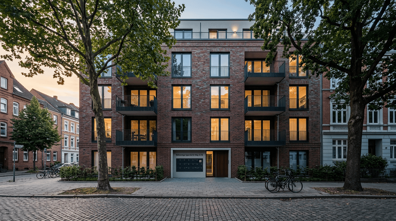 Modernes Mehrfamilienhaus in Hamburg, typische WEG, wie sie mit selbstverwalten. verwaltet wird.