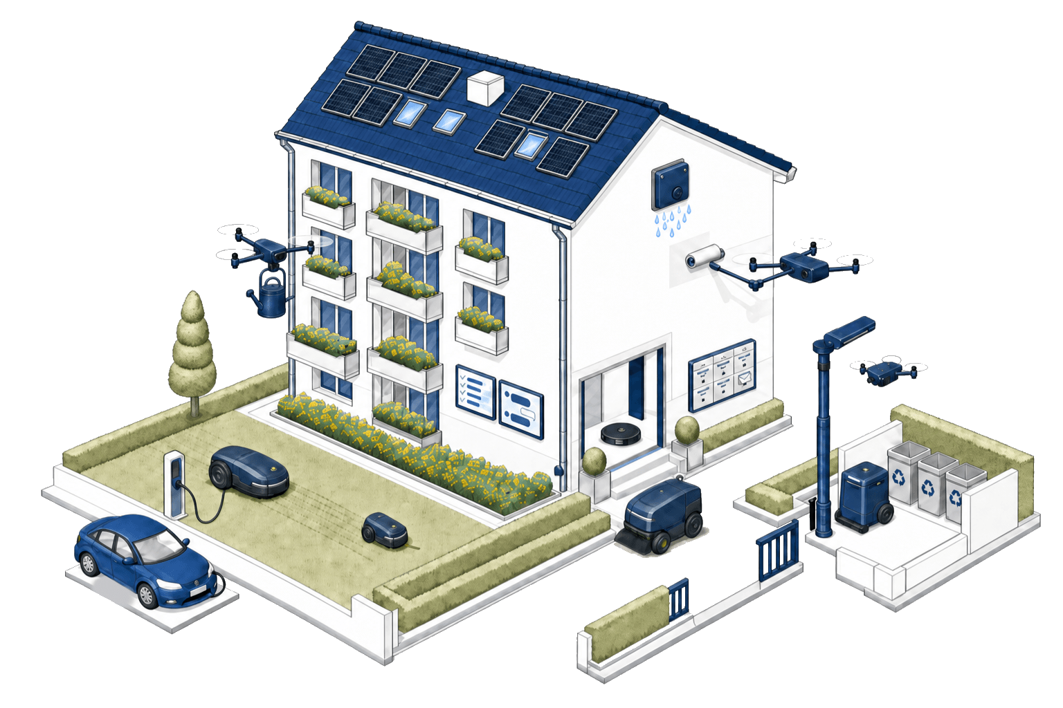 Isometrische Illustration einer WEG, die sich selbst verwaltet — mit Photovoltaik, E-Ladestation, Briefkasten und digitalen Boards.