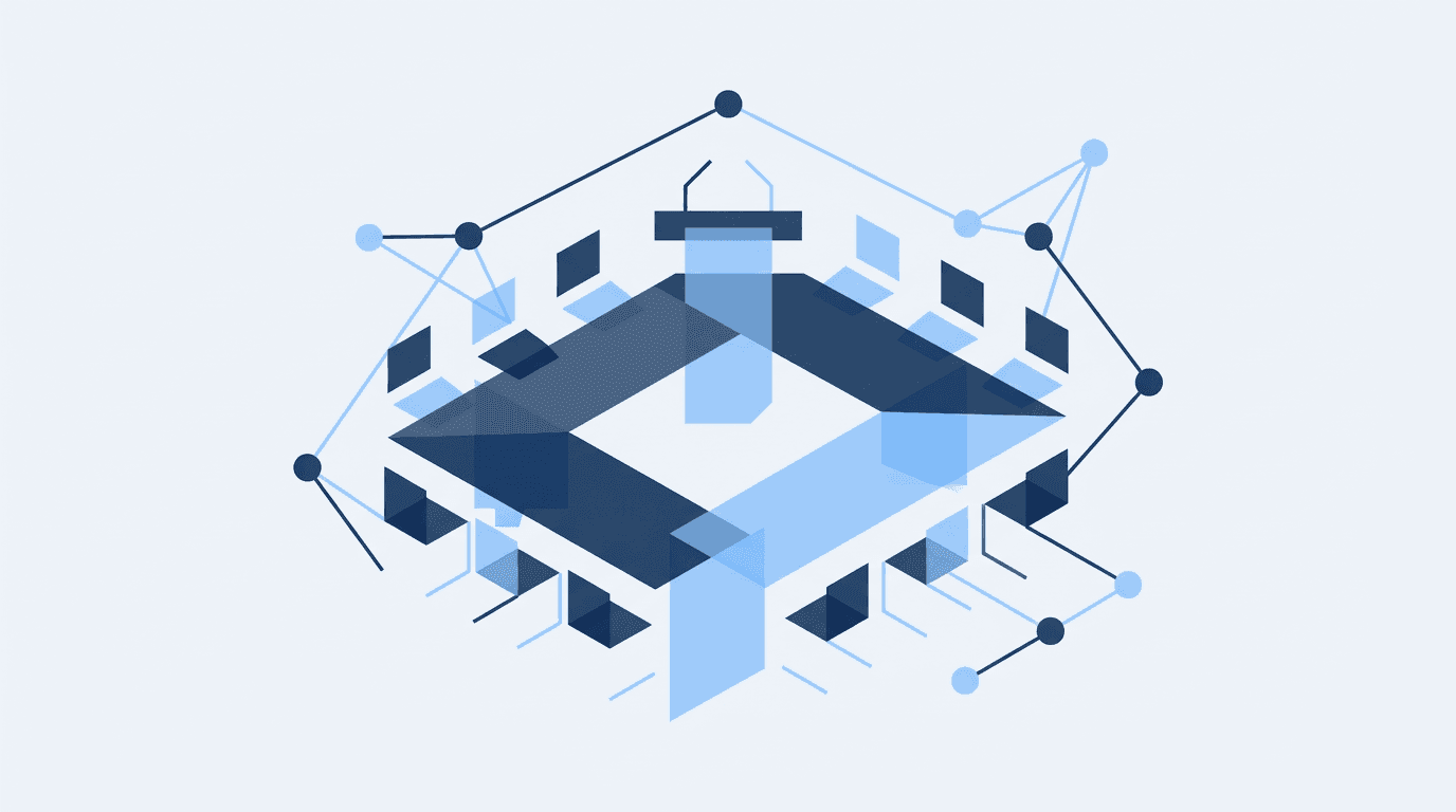 Abstrakte Illustration einer Versammlung mit geometrischen Formen und verbundenen Knoten