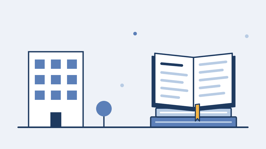 Abstrakte Illustration eines Mehrfamilienhauses neben einem aufgeschlagenen Regelbuch auf einem Bücherstapel mit gelbem Lesezeichen