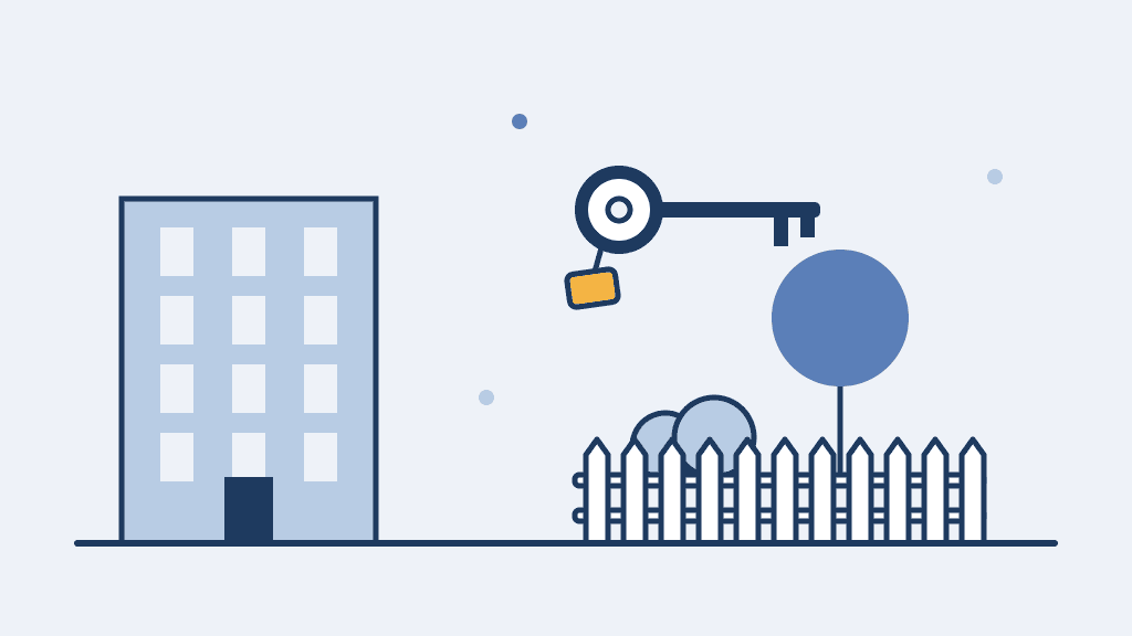 Abstrakte Illustration eines Mehrfamilienhauses neben einer eingezäunten Gartenfläche mit Baum und einem Schlüssel mit Anhänger