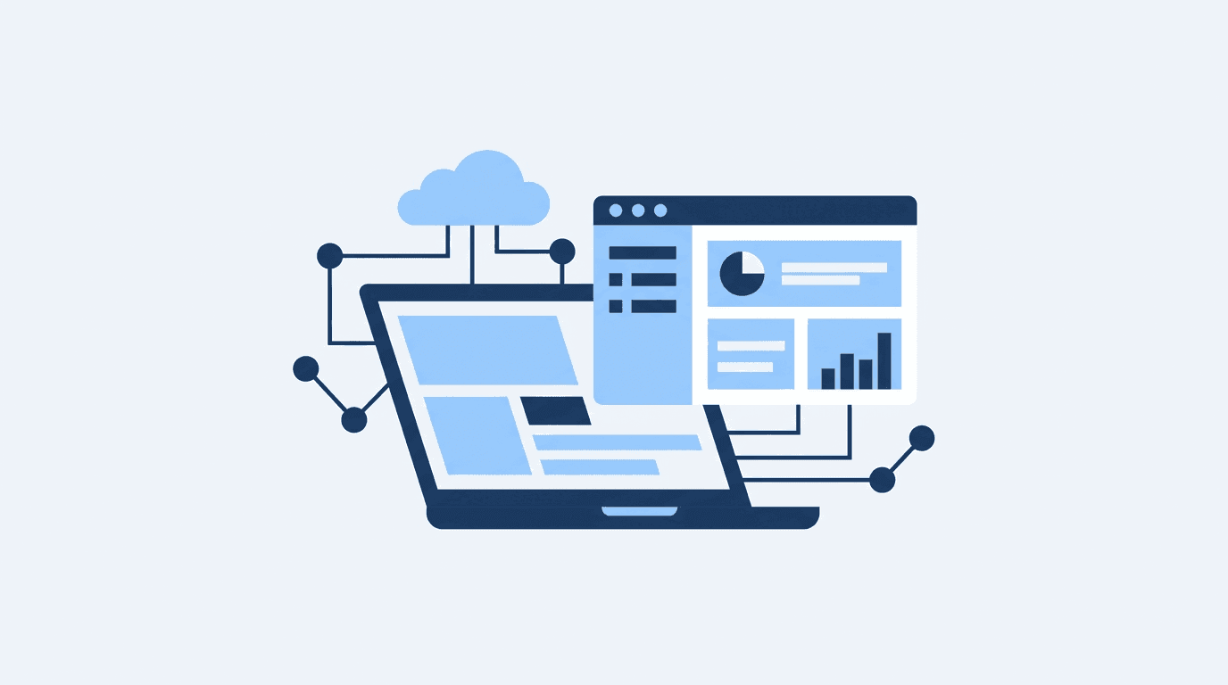 Abstrakte Illustration eines Laptops mit Dashboard und Cloud-Verbindungen