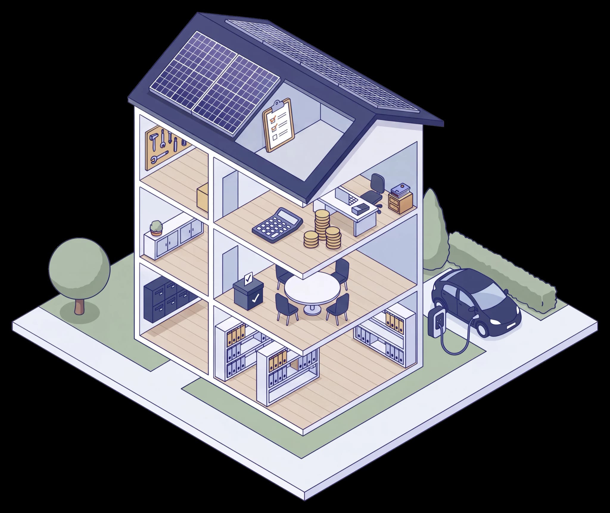 Isometrische Illustration eines aufgeschnittenen WEG-Hauses: jede Etage zeigt ein Modul der Software – Postfächer und Ordner, Versammlungstisch mit Abstimmungsurne, Finanzen mit Rechner und Münzen, unter dem Dach Werkzeugwand und Prüf-Checkliste. Kleine Roboter erledigen die Arbeit, eine Drohne fliegt vor dem Dach, draußen lädt ein Elektroauto.