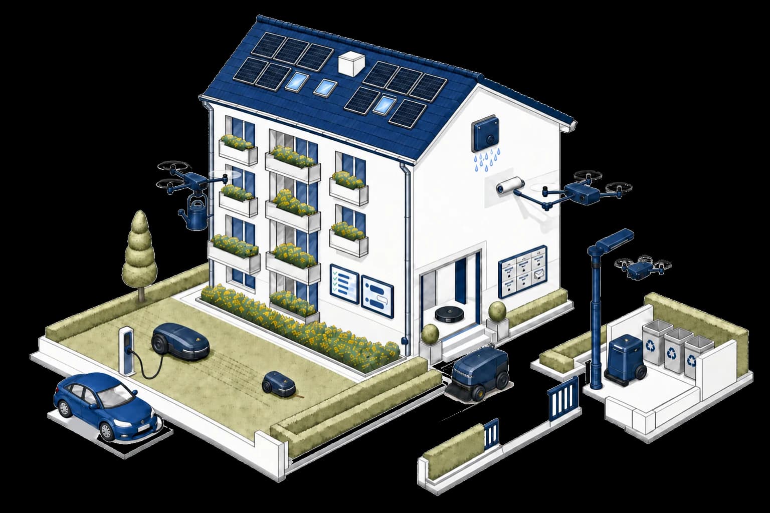 Isometrische Illustration einer WEG, die sich selbst verwaltet, mit Photovoltaik, E-Ladestation, digitalen Anzeigeboards am Eingang, Drohnen, Hofroboter und Müllbereich.