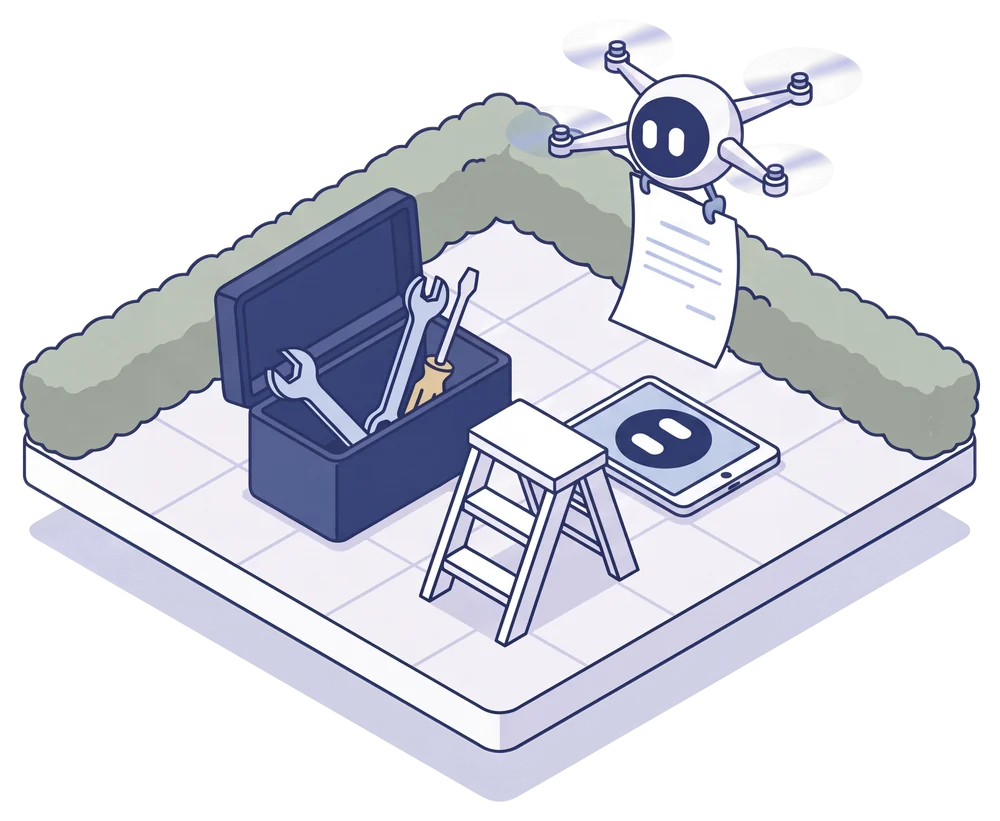 Isometrische Illustration: offener Werkzeugkoffer, Trittleiter und ein Tablet; eine Drohne bringt eine Rechnung.