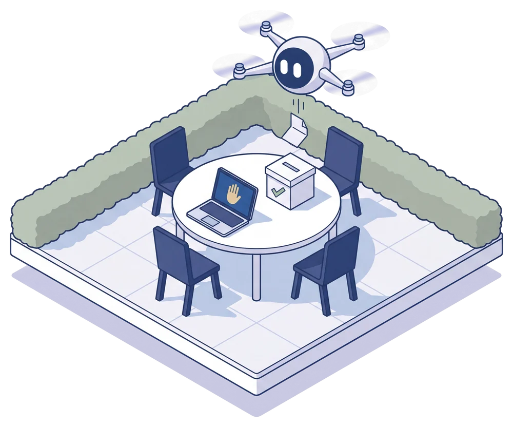 Isometrische Illustration: runder Tisch mit vier Stühlen, Laptop mit Handzeichen und Abstimmungsurne mit grünem Haken; eine Drohne wirft einen Stimmzettel ein.